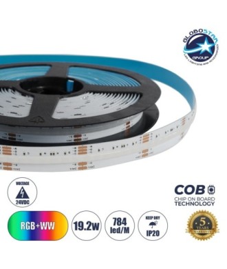 GLOBOSTAR® BEE 70354 Ταινία LED 19.2W-m 1728lm-m 120° DC 24V IP20 784 x COB Chip-m Πολύχρωμο RGB+WW Dimmable - Sanan COB Chip - Μ500 x Π1.2 x Υ0.2cm - Ρολό 5 Μέτρων - 5 Χρόνια Εγγύηση